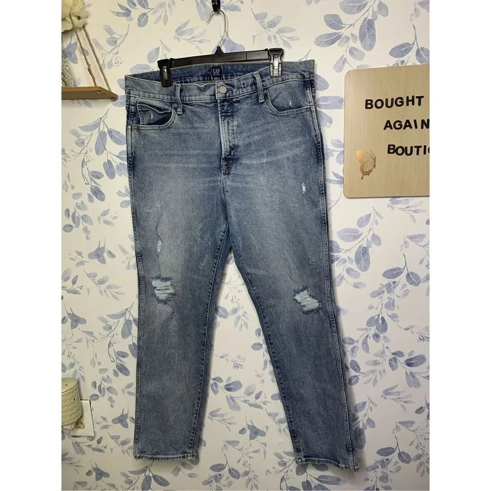 GAP Light Wash Distressed High Rise Slim Straight Denim Jeans Size 16/33 - Picture 5 of 7